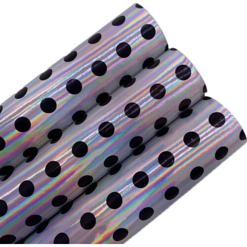 Iridescent Silver Polka Dots Vinyl Fabric Sheet Felt Backing Synthetic Leather Faux Vinil For Bows Earrings DIY A4 SIZE T577B
