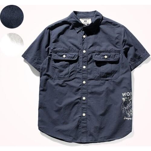 2021 Summer New Short Sleeve Thin Cargo Printed Shirt Mens Simple Pure Cotton Washed Old Quick Dry Slim Lapel Pockets Blouse