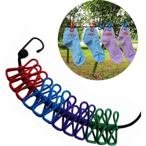 Outdoor Camping Windproof Clothes Line 6 Colors Portable Travel Stretchy Elastic Clothesline with Clamp Clips Hooks Outdoor Tool