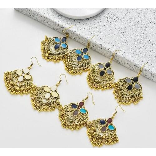 Vintage Peach Heart Shaped Earrings For Women Bohemian Ethnic Gold Color Hollow Drop Oil Beads Tassel Femme Earrings Jewelry