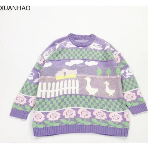 XUANHAO Cartoon Duck Embroidery Knitted Sweaters 2020 Winter Thick Warm Harajuku Jacquard Sweater Women Femmf Knit Pullover