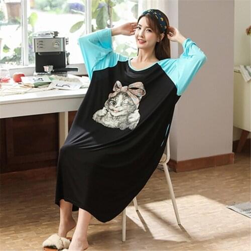 Plus size nightdress female plus long sleeve modal cartoon nightgown fat MM kimono simple pregnant woman bathrobe new arrival