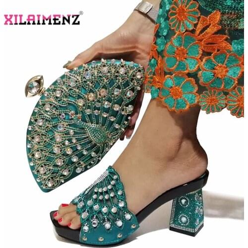 Teal Color Ladies Nigerian Shoes and Bag Set Decorated with Rhinestone Italian Shoes with Matching Bags High Heels Party Shoes
