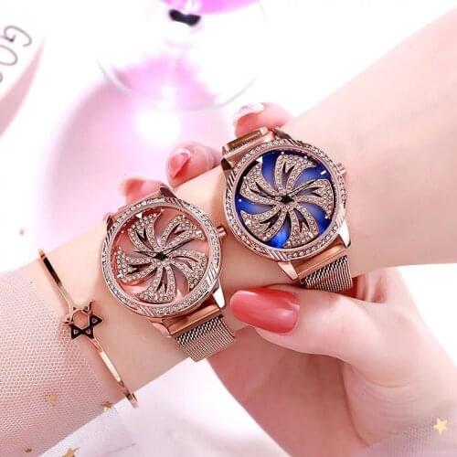 2019 Rose Gold Women Watches Rotate Dial Stainless Steel Quartz Wrist Watch women diamond crystal ladies watch relogio feminino