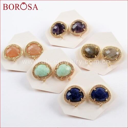 BOROSA Micro Pave CZ Natural Stone Studs Earrings Labradorite Amethysts Lapis Claw Earring Jewelry Finding for Women WX1033