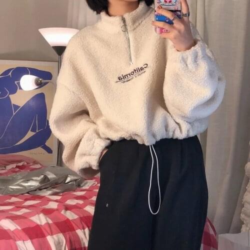 2021 Autumn/Winter Drawstring Embroidery Short Lamb Velvet Sweater Women Zipper Plus Thick Loose Half High Collar Top