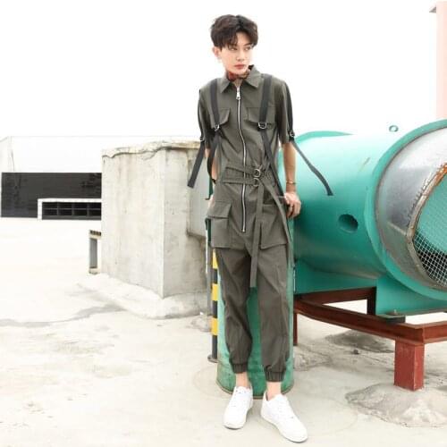 S-6XL!!Summer new style personality young mens jumpsuit short sleeve casual suit personality nine-point jumpsuit Korean version