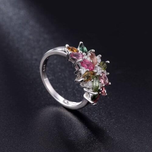 GEMS BALLET Womens Ring For Women Gemstone Natural Real 925 Sterling Silver Flower Colorful Multicolor Tourmaline Jewelry