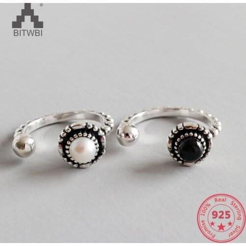 Vintage Authentic 100% 925 Sterling Silver Rings For Women Pearl Black Onyx Jewelry