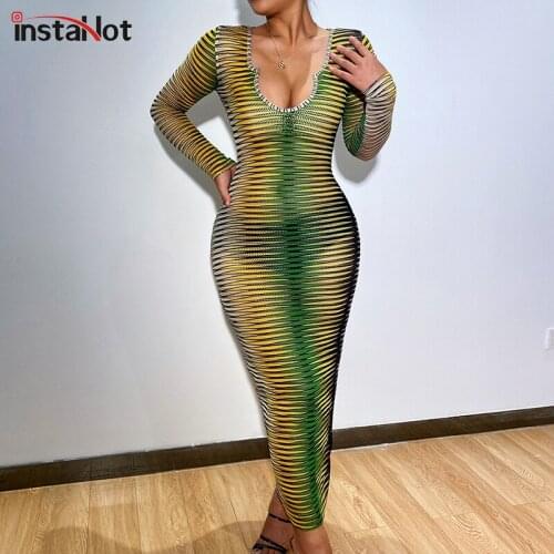 InstaHot Y2K Striped Hollow Out Midi Dress Womens Autumn Long Sleeve V Neck Bodycon Sexy Streetwear Elegant Party Female Dress