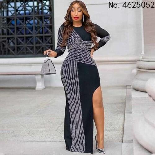 Sparking Women Graceful O-Neck Rhinestone Gown Dresses Plus Size O-Neck Full Sleeve High Waist Bodycon Slit Floor-length Dress