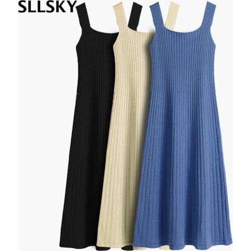 SLLSKY Sexy Solid Slash Neck Knitted Dress Women Spring Party Sling Mid-Calf Dress Sleeveless Skinny Slim Bodycon Female Dress