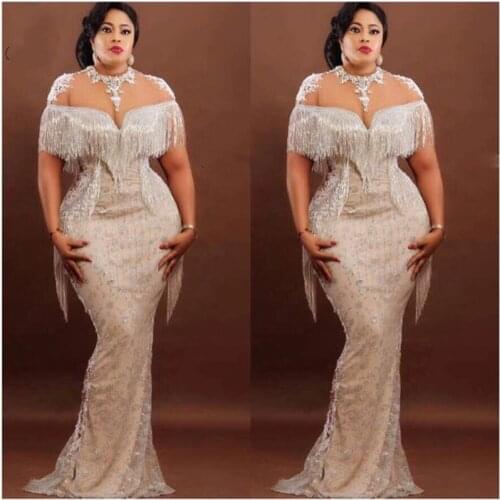 Aso Ebi Evening Dresses Plus Size Tassel Robe De Soiree Eye-catching Appliqued Mermaid Prom Gowns Long Trumpet Prom Dress