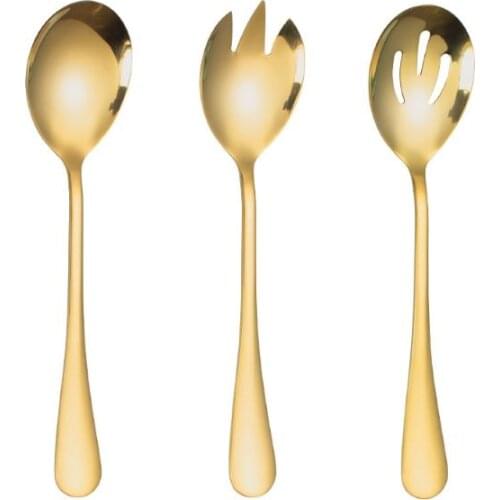 Gold Salad Spoon Fork 3PCS Salad Spoon Stainless Steel Cutlery Set Serving Spoon Colorful Unique Spoons Tableware Kitchen Tools