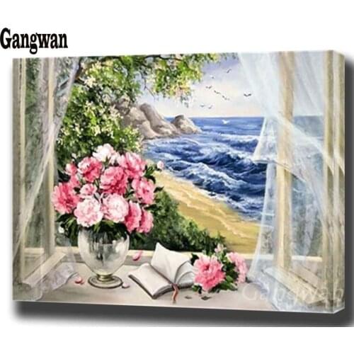 Diamond Embroidery window outside sea beach scenery Paintings Rhinestones Diamond Mosaic Beadwork Painting 5d Cross-Stitch kits