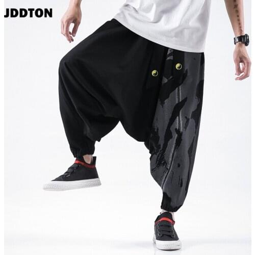 JDDTON Mens Loose Cotton Linen Pants Printing Sweatpants Chinese Style Ankle Length Pants Casual Streetwear Male Trousers JE366