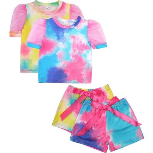 Baby Short Sleeves + Shorts, Tie-dye Pattern Printing, Classic Round Neck Bow Elastic Waist Clothing 1-5T