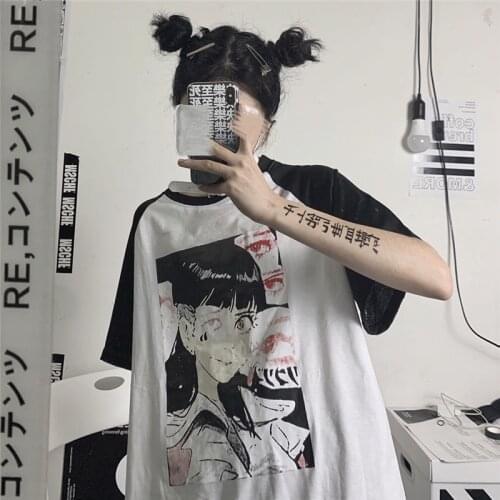Harajuku Dark Cartoon Anime Printed T-Shirt Summer Korean Version Of Loose Short-Sleeved Oversized T-Shirt Tide Ins