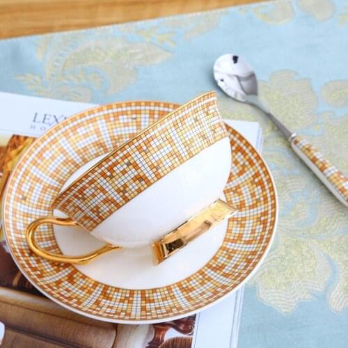 Mosaic pattern bone china coffee cup British afternoon tea cup with gold-plated spoon cup set ceramic flower teacup with saucer