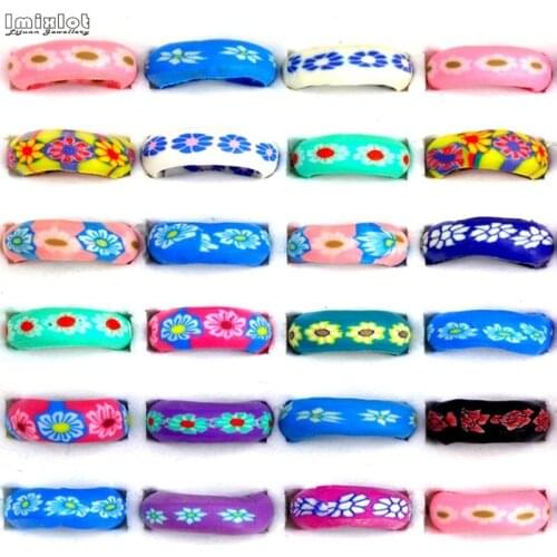 10Pcs Lots Mix Colors Flower Polymer Clay Finger Ring For Children Kids Boys Girls Finger Rings Wholesale Jewelry Gift