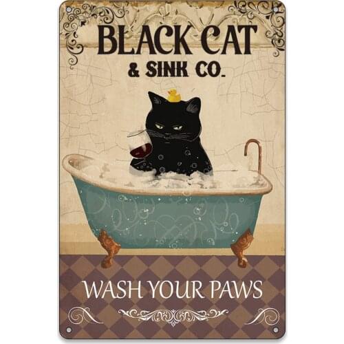 Funny Home Bathroom Wall Decor Vintage Cat Art Black Cat & Sink Co Wash Your Paws Metal Tin Sign Black Cat Signs
