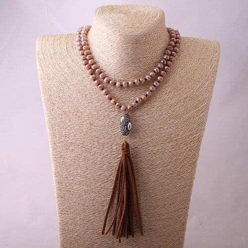 Fashion Bohemian Jewelry long Knotted Halsband Brown Crystal Long Tassel Pendant Necklace