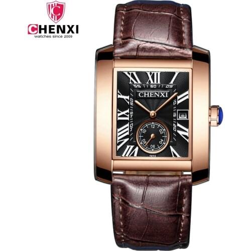 Luxury Brand CHENXI Square Men Watches Unique Design Rose Gold Calendar Stop Watch Genuine Leather Quartz Business clock Watches