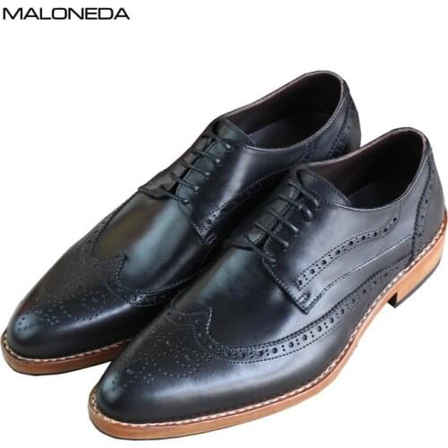 MALONEDA Bespoke Italian Style Men Formal Dress Brogue Shoes Goodyear Handcraft Black Genuine Leather Derby Shoes For Business