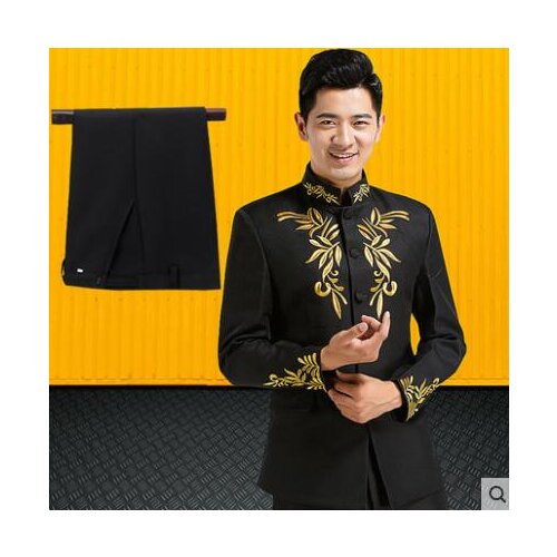 Black blazer men groom suit set with pants mens wedding suits stand collar costume singer stage clothing formal dress