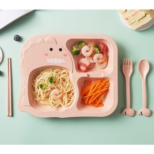Household wheat fiber childrens tableware set dinosaur cute cartoon split grid resistant plate fork spoon combination
