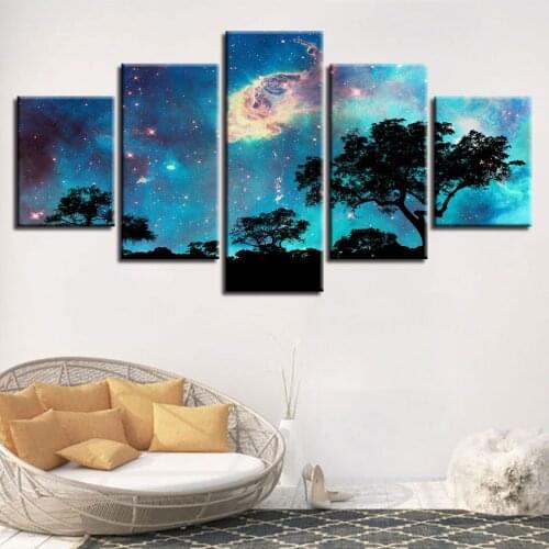 Bedroom Wall Decor Poster Pictures 5 Pieces HD Printed Tree Abstract Starry Sky Night View Canvas Painting Modular Framework Art