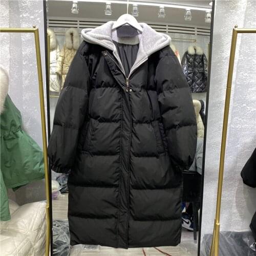 2021 New Women Warm Winter Female Down Coats Down Jackets Thicken White Duck Long Fake Two Piece Hooded Loose Bread Jackets