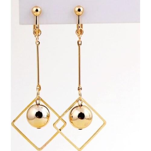 New Fashion Geometric Hollow Square Ball Long Bar Pendant Metal No Ear Hole Screw Ear Clip Without Piercing Ear Earrings