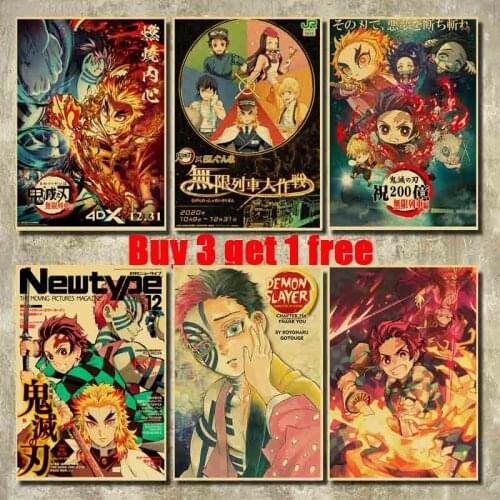 Anime Poster Demon Slayer Kimetsu no Yaiba Mugen Ressha-Hen Retro Kraft Paper Poster For Living Room Bar Decor WALL Stickers