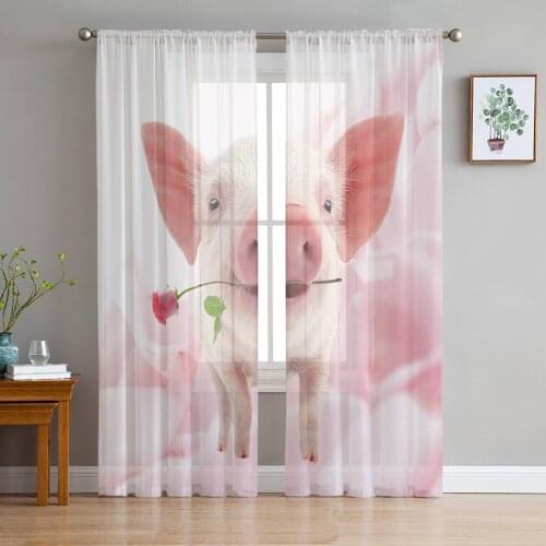 Pink Pig Flower Rose Sheer Curtains for Living Room Bedroom Kitchen Chiffon Tulle Curtains Home Hotel Coffee Decor