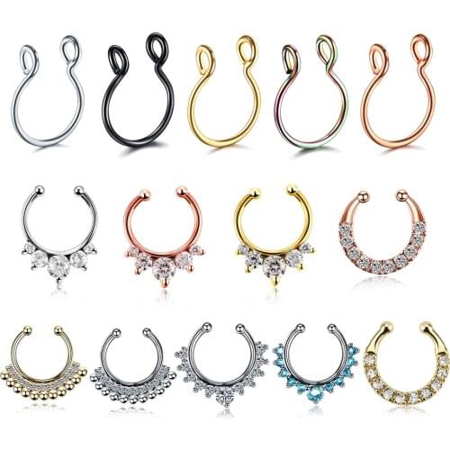 1PC 8mm Zircon Fake Septum Piercing Nose Ring Hoop Nostril Earring For Girl Men Faux Body Clip Ring Non Body Jewelry Non-Pierced
