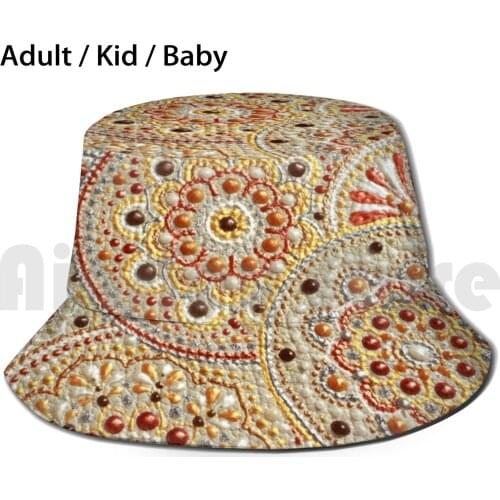 Beige And Gold Flower Mandala , Boho Dot Artwork Bucket Hat Adult kid baby Beach Sun Hats Beige Mandala Flower Mandala Boho