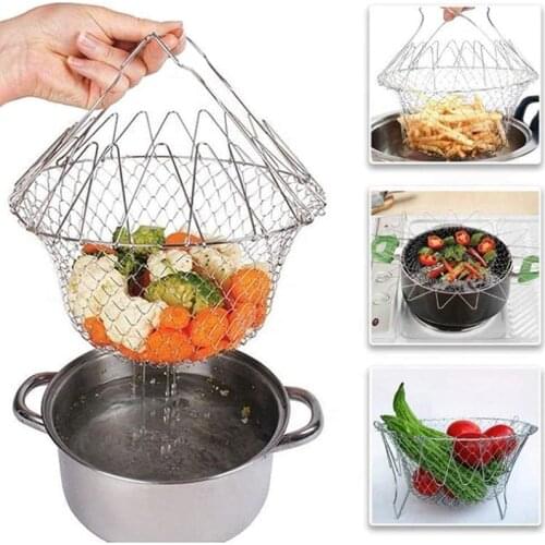 Foldable Stainless Steel Deep Fry Basket Steam Rinse Strain Fry Basket Strainer Net Kitchen Utensil Gadget Telescopic Fry Basket