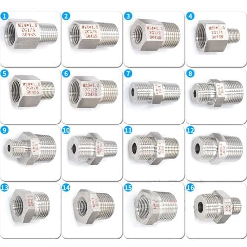 Thickened High Voltage 304 Stainless Steel Pressure Gauge Adapter Pressure Gauge Pipe Fittings 1/4" 3/8" 1/2" X M14*1.5 NPT
