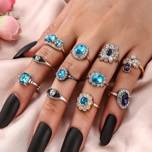 Vintage Women crystal Finger Knuckle Rings Set For Girls Moon lotus Charm Bohemian Ring Fashion Jewelry Gift