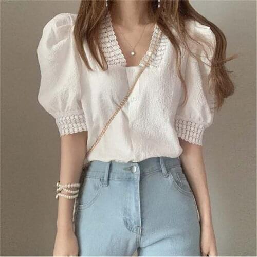 IMucci Knitted Acetate Floral Lace Trim Regular Length Blouse Short Puff Sleeves Button Front V-Neck Women Tops
