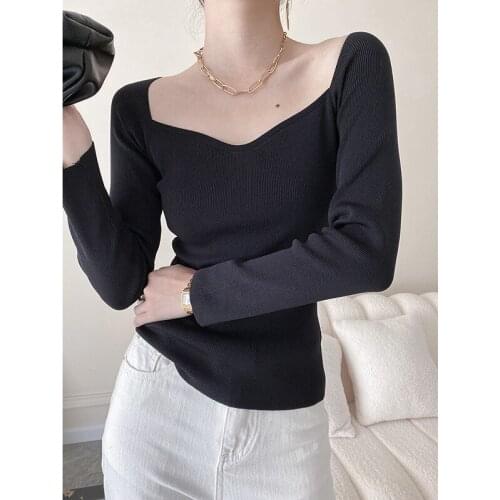 2021 Women Autumn New Bottomed Top Retro Generous Collar Black Slim Knit