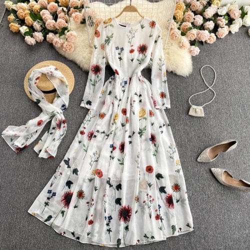 Elegant Holiday Women Vintage Floral Printed Long Maxi Dress 2021 Spring Autumn Full Sleeve Slim Chiffon Dress With Ribbon M443