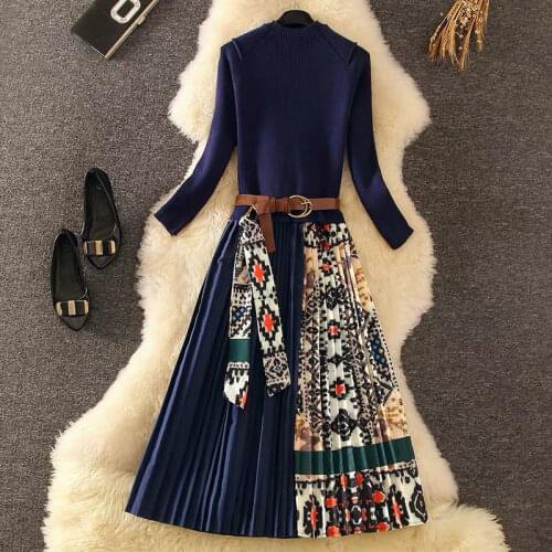 2021 Spring New Korean Fashion Dress Womens Fake Two Piece Patchwork Printed Pleated Skirt Middle Sleeve