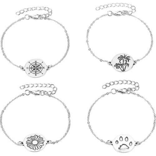4 Pcs / Set Vintage Round Coconut Palm Footprint Flower White Chain Alloy Fashion Bracelets For Women