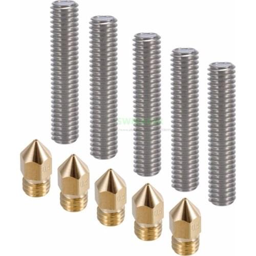 Anet A8 A6 5pcs 1.75mm Tube throat + 5pcs 0.4mm Brass Extruder Nozzle Print Heads for MK8 Reprap 3D Printers