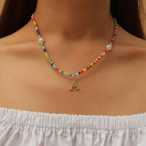 Bohemia Handmade Bead Chain Necklace Letter A Pendant Pearl Necklace Womens Neck Chain Colorful Beaded Choker Collar Jewelry