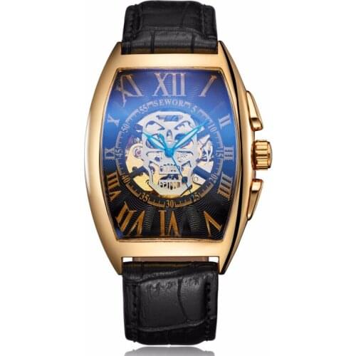 Fashion Skull Watch Men Mechanical Watch Sewor Top Brand Luxury Automatic Mechanical Wristwatch Men Tonneau Watches Leather