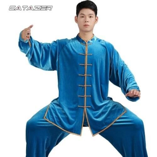 Martial Arts Suit Tai Chi Clothing Womens Winter Mens Autumn and Winter Models Warmth Tai Chi Practice Clothes Gold Velvet