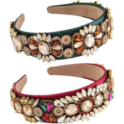 Multicolor Glass Drill Floral Velvet Headband Baroque Vintage Glitter Rhinestone Wide Hair Hoop Geometric Jewelry Prom Party Ban